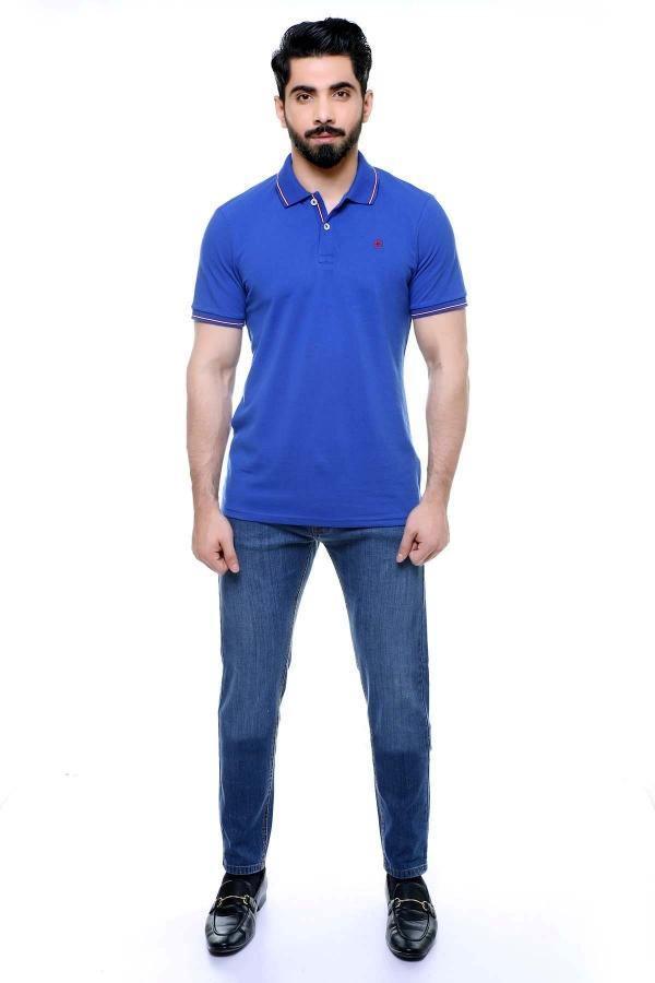 Blue polo shirt with short sleeves and button placket