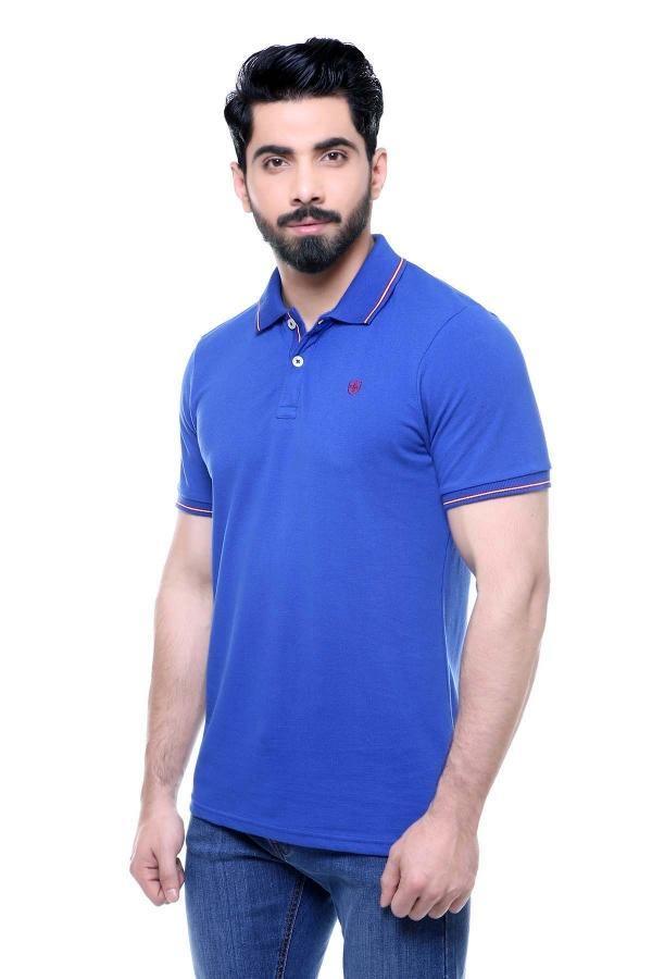 Blue polo shirt with collar, short sleeves, and small chest logo