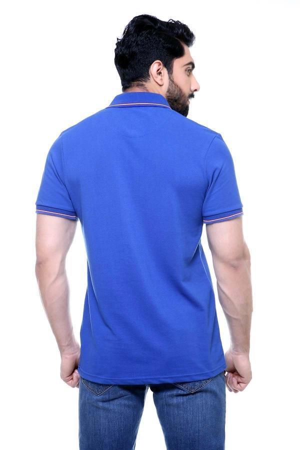 Blue polo shirt back view with short sleeves and ribbed collar