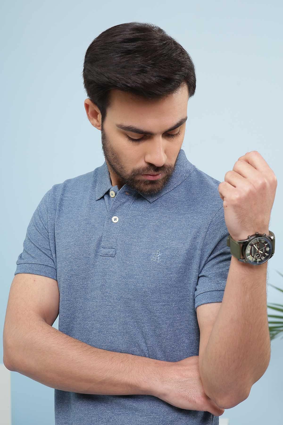 Blue polo shirt with button placket and ribbed collar, short sleeves