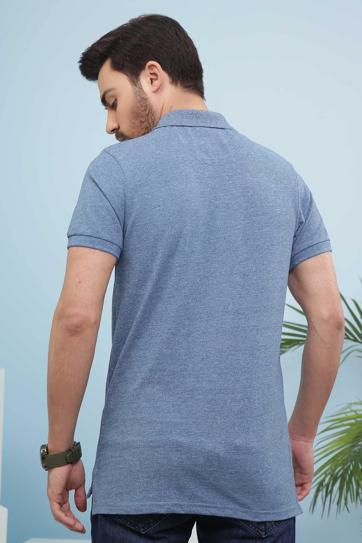 Blue polo shirt with back view, short sleeves and ribbed collar