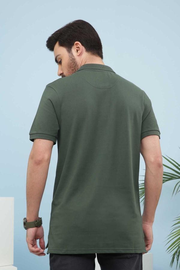 Green polo T-shirt back with short sleeves and ribbed collar