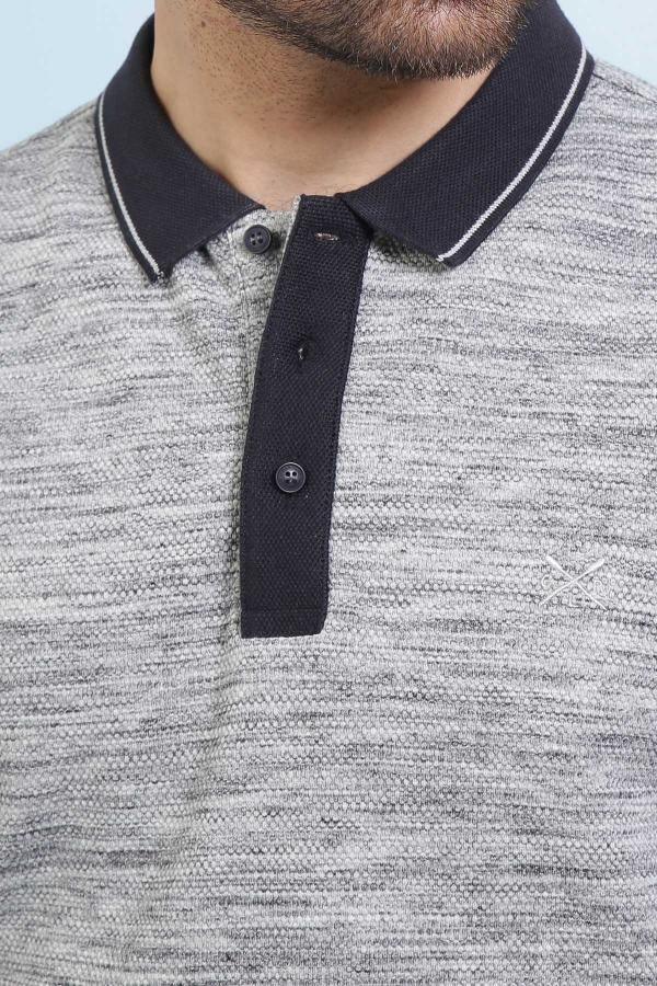 Grey heather polo shirt with black collar and button placket detail
