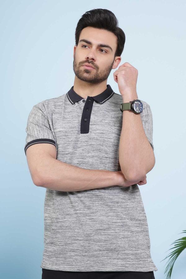 Grey heather polo shirt with black collar, short sleeves, and button placket
