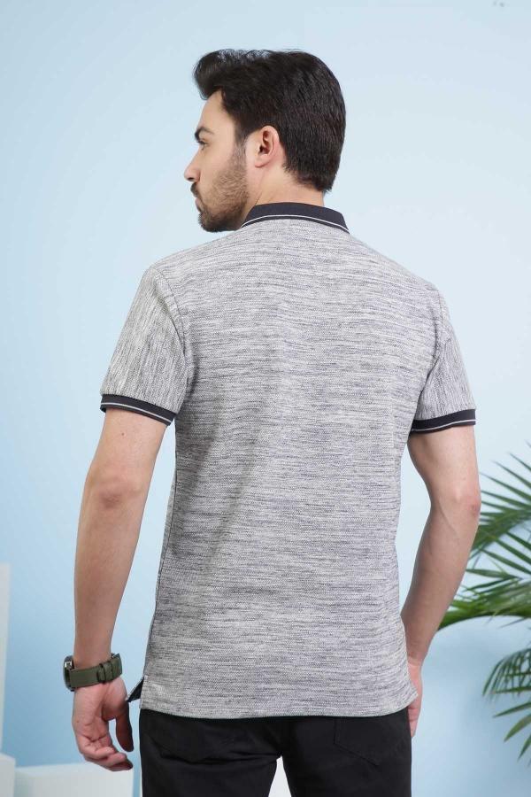 Grey heather polo shirt back view with black collar trim and sleeve cuffs
