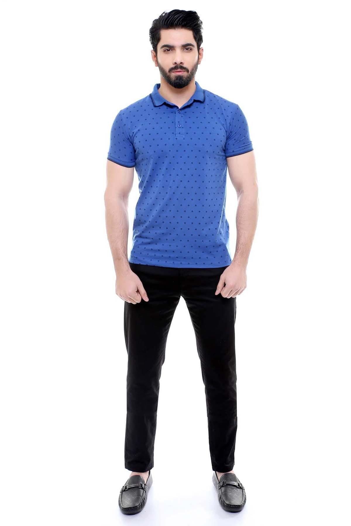 Men's ink blue polo shirt with small dot pattern, short sleeves and button collar