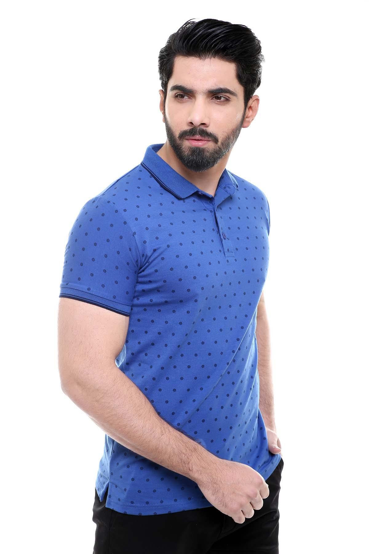 Men's ink blue dot-pattern polo shirt, short sleeves, folded collar and placket detail