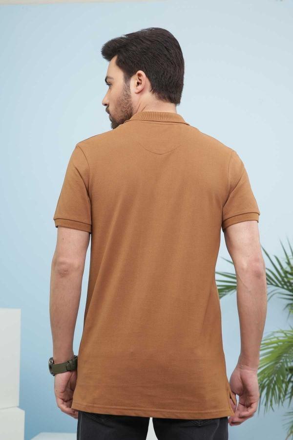 Men's khaki polo shirt back view with short sleeves and ribbed collar