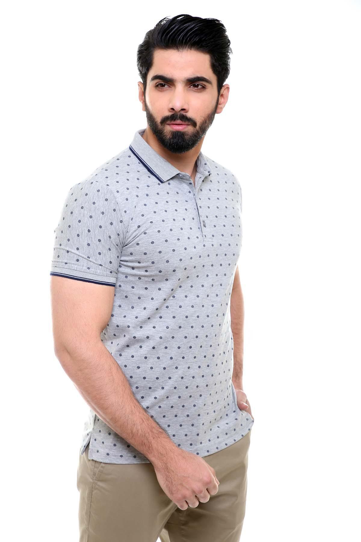 Light grey patterned polo shirt with contrast sleeve trim, collar, button placket