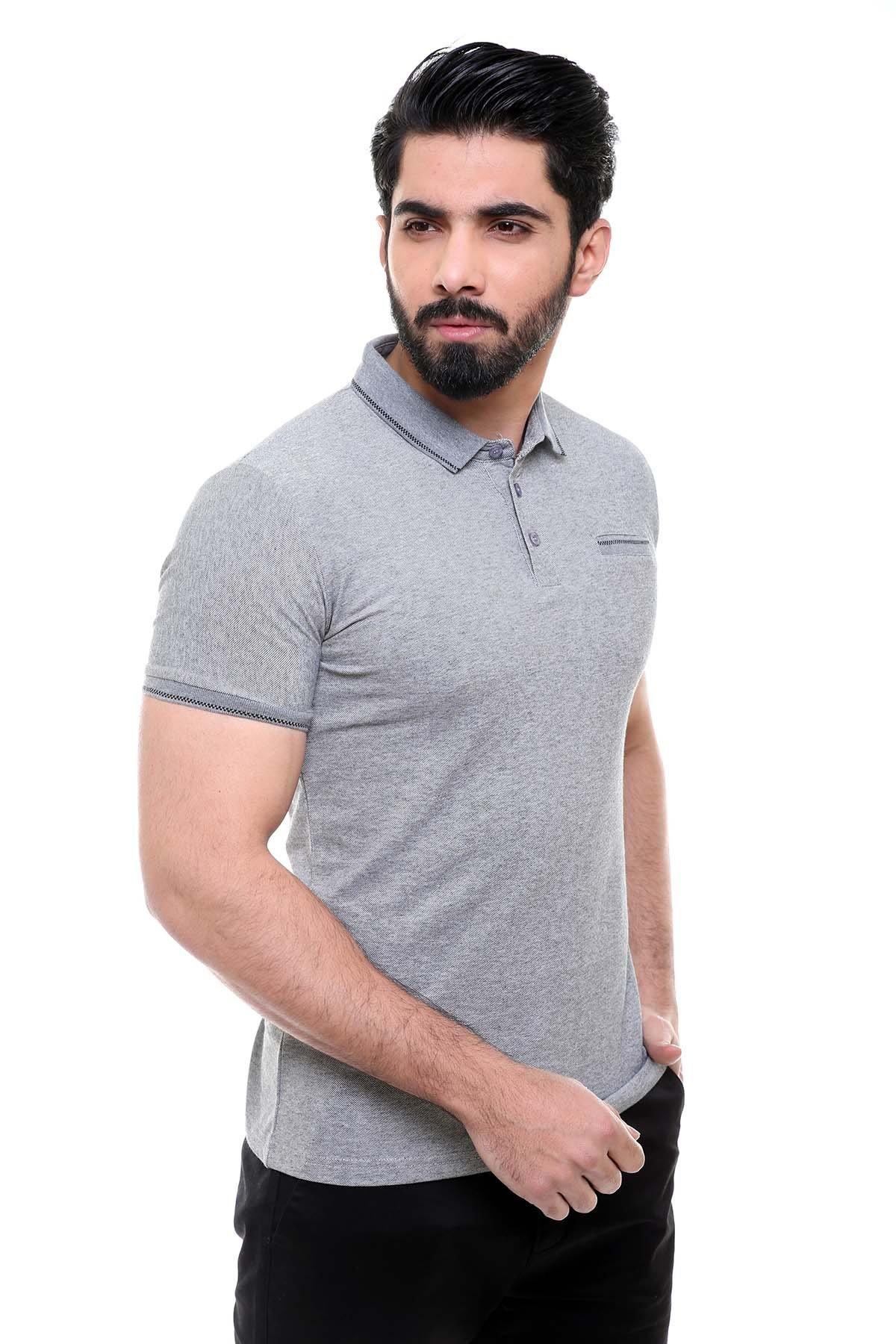 Light grey polo shirt close-up with short sleeves and chest pocket