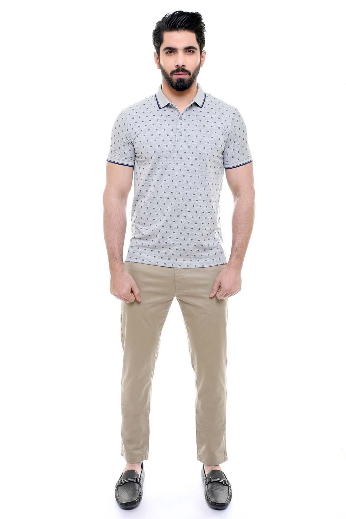 Light grey patterned polo shirt with contrast collar trim, short sleeves, button placket