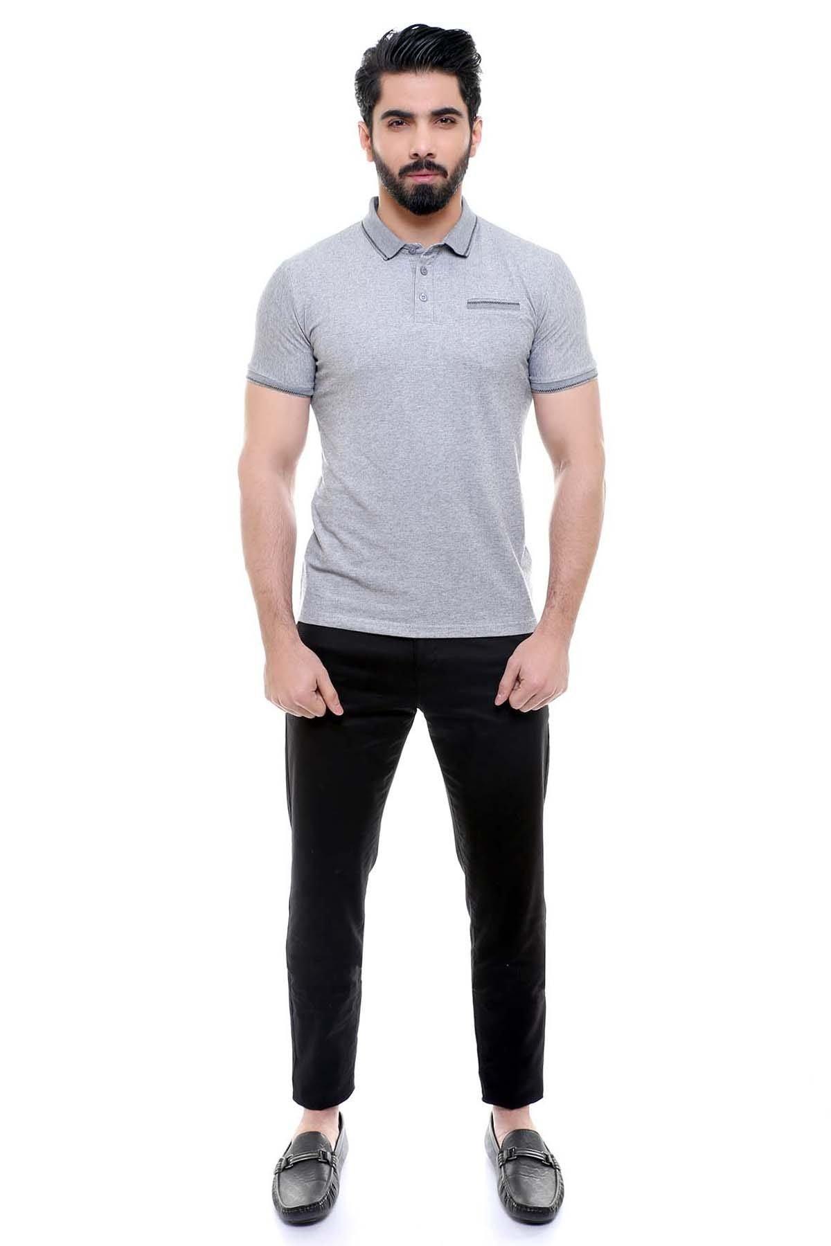 Light grey polo shirt with short sleeves and buttoned collar