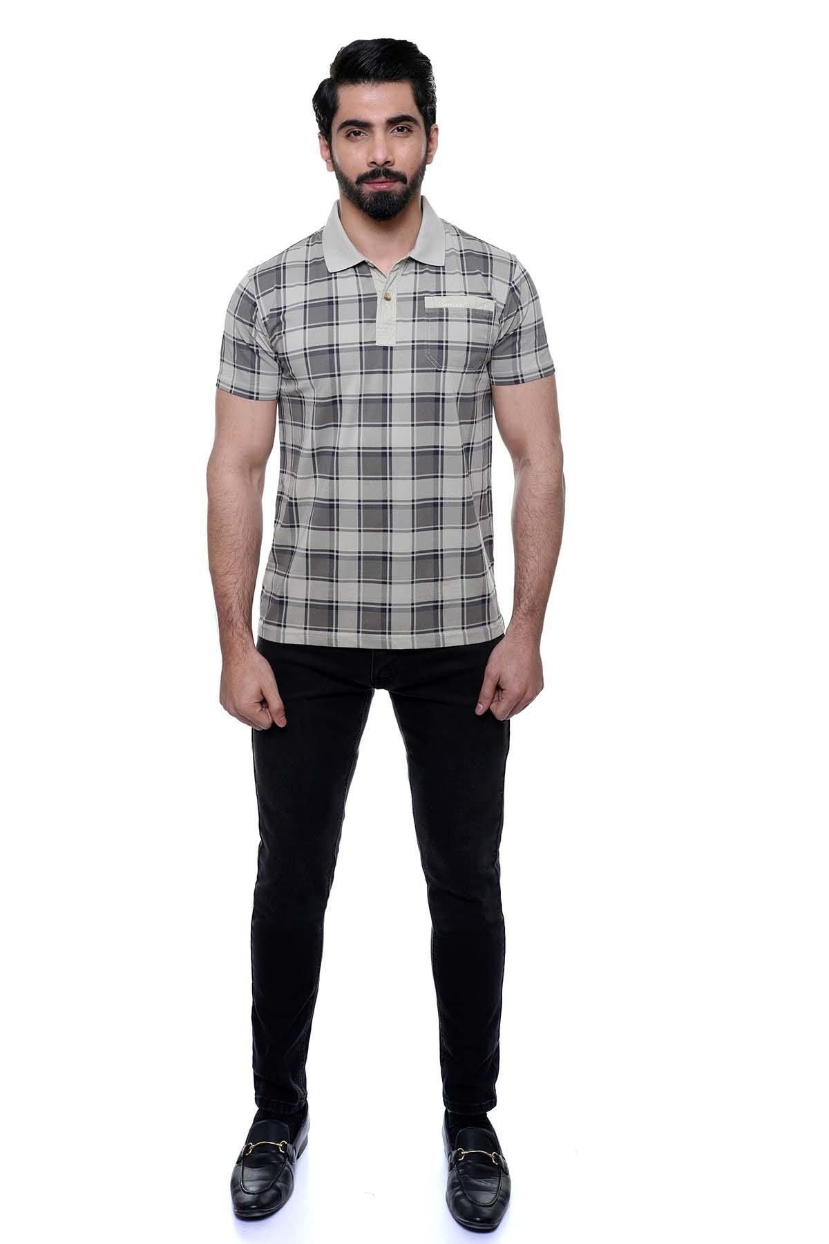 Light khaki plaid polo shirt with short sleeves and button placket