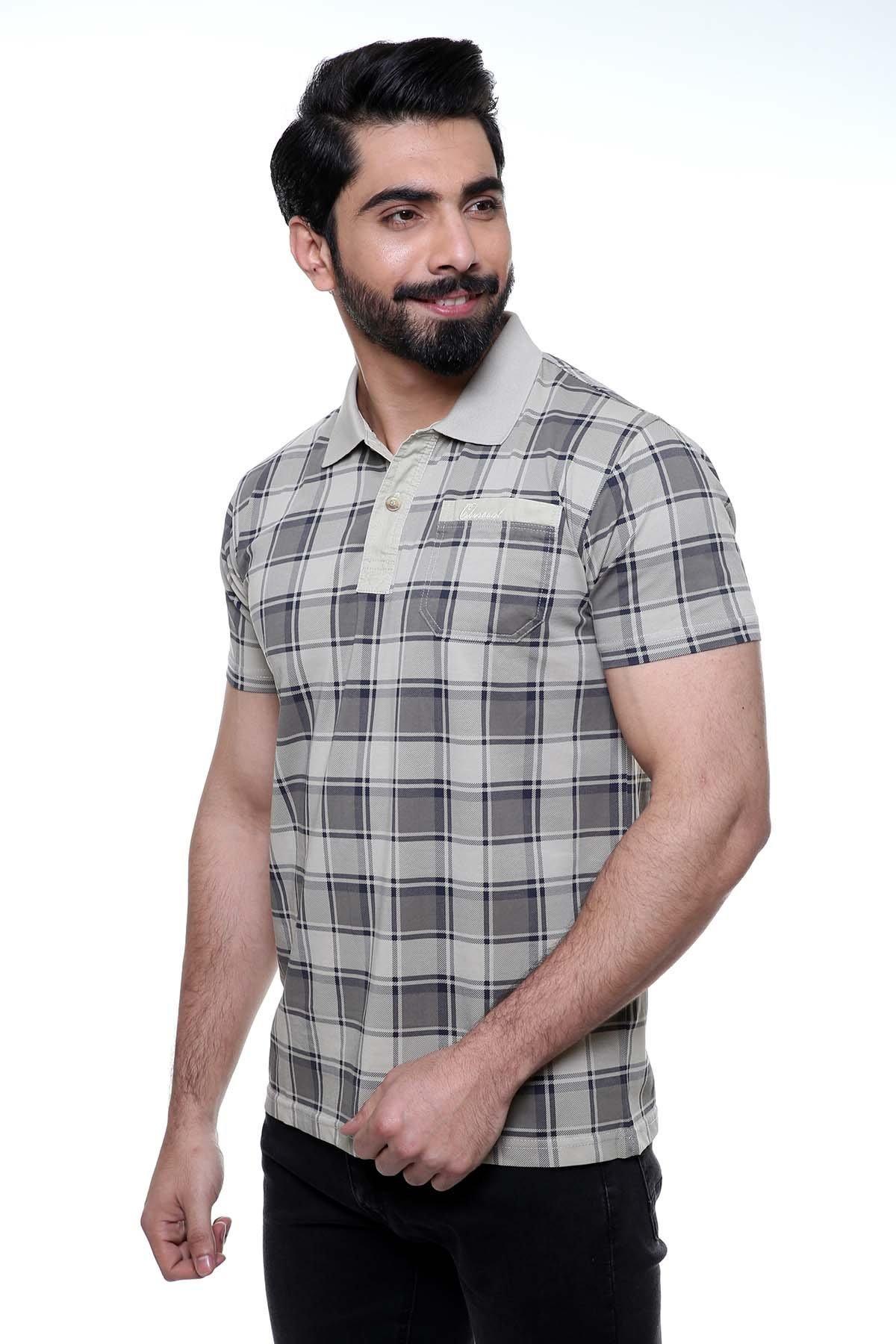 Light khaki plaid polo shirt with chest pocket and short sleeves