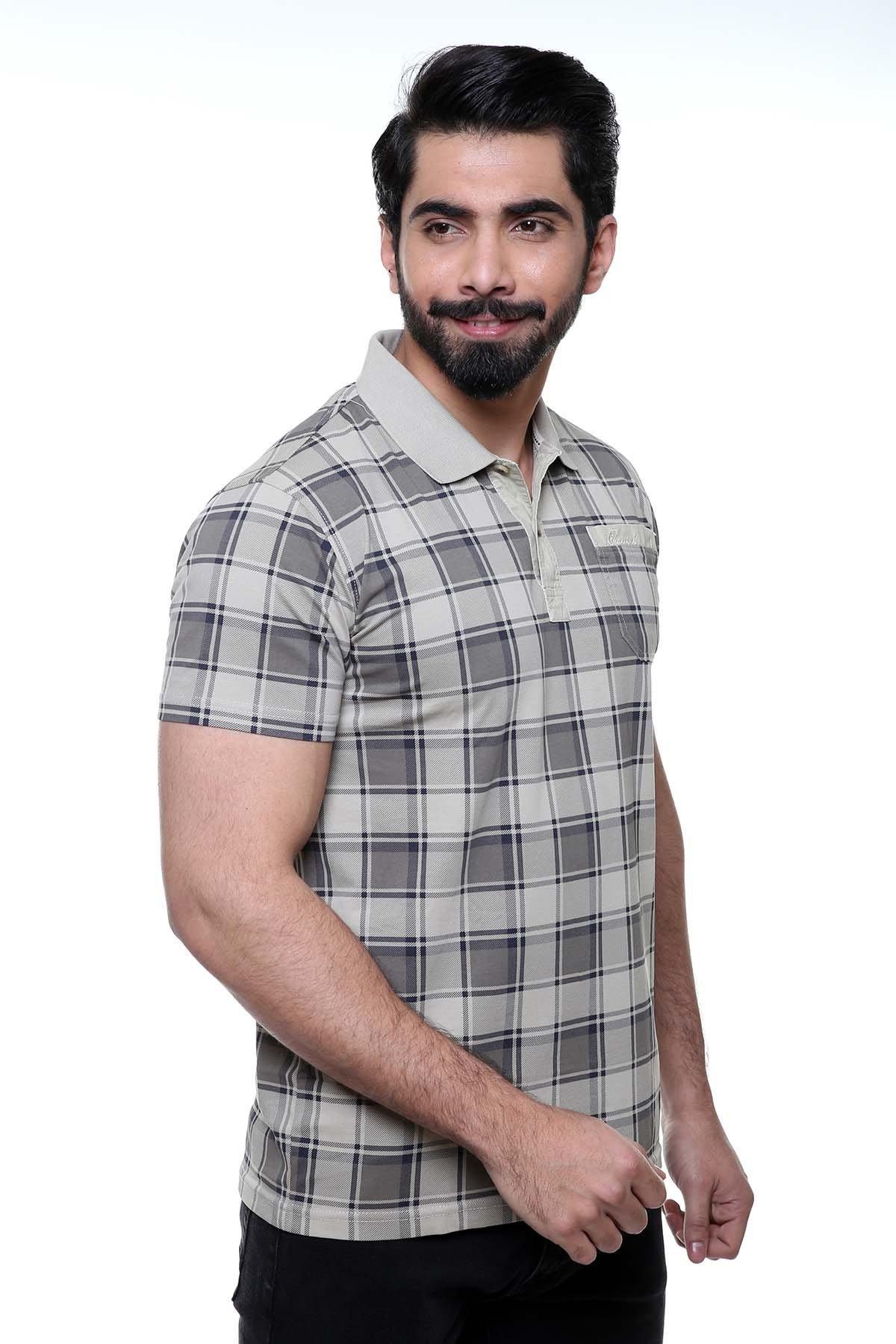 Light khaki plaid polo shirt, open collar and front button placket