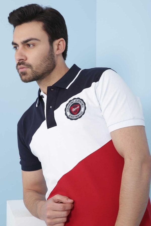 Navy and maroon colorblock polo shirt with white panel and chest crest patch, collar