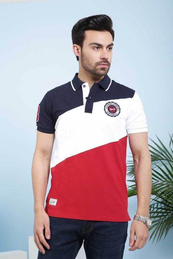 Navy, white and maroon colorblock polo shirt with chest logo and striped collar
