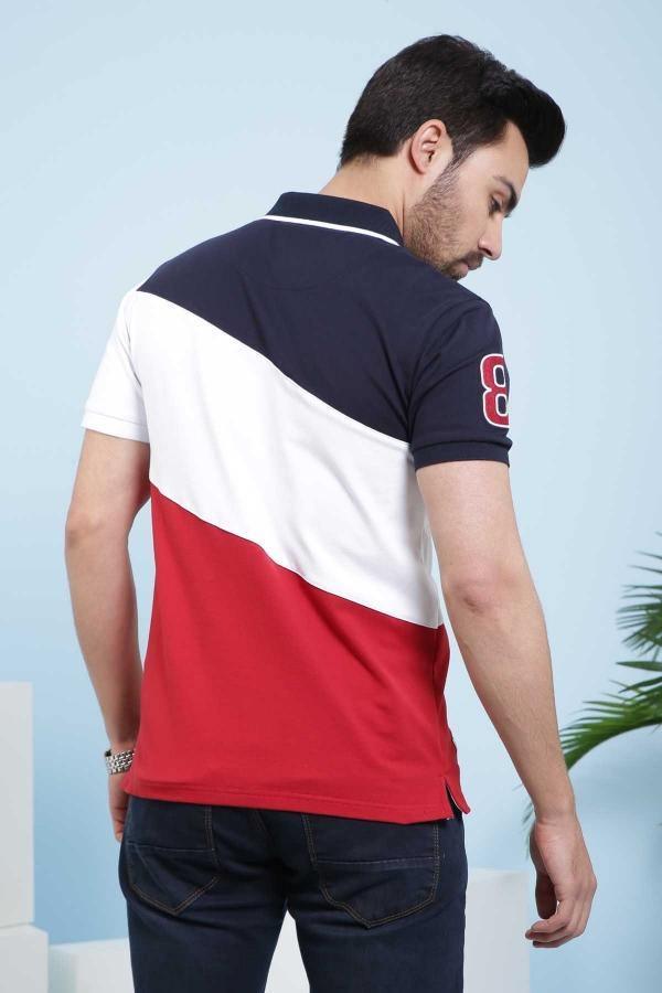 Back of navy, white and maroon polo shirt with contrast stripes and small shoulder logo