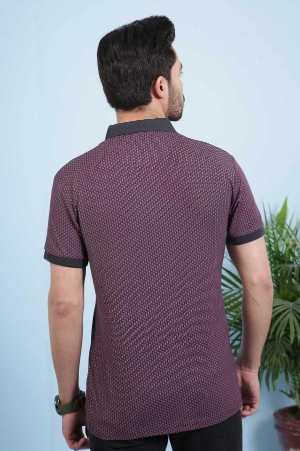 Maroon polo shirt back view with dotted pattern and dark sleeve cuffs