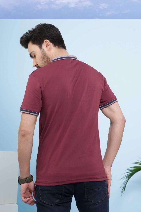 Maroon polo T-shirt back view with striped collar trim and short sleeves