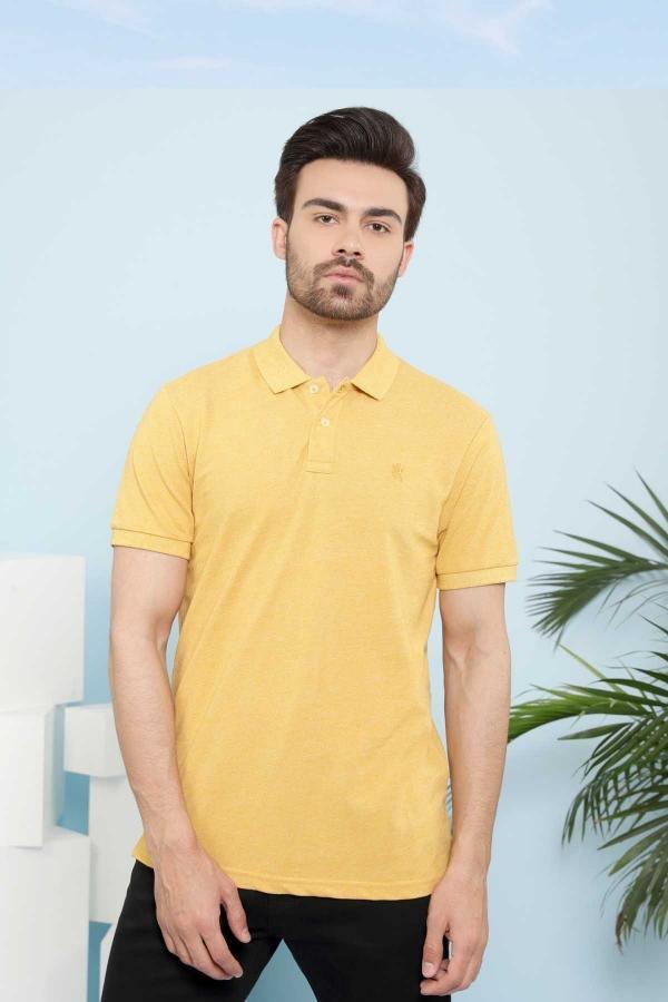 Mustard yellow polo T-shirt with short sleeves and button collar, small chest logo.