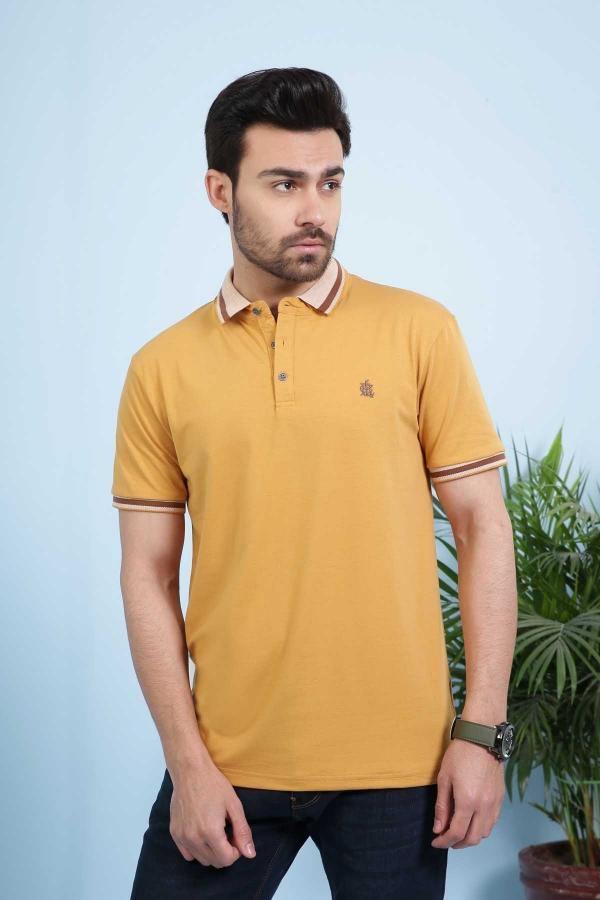 Mustard polo shirt with short sleeves, button placket, and striped cuffs