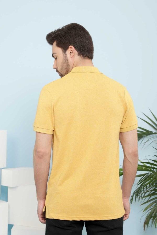 Mustard yellow polo T-shirt, back view with short sleeves and collar.