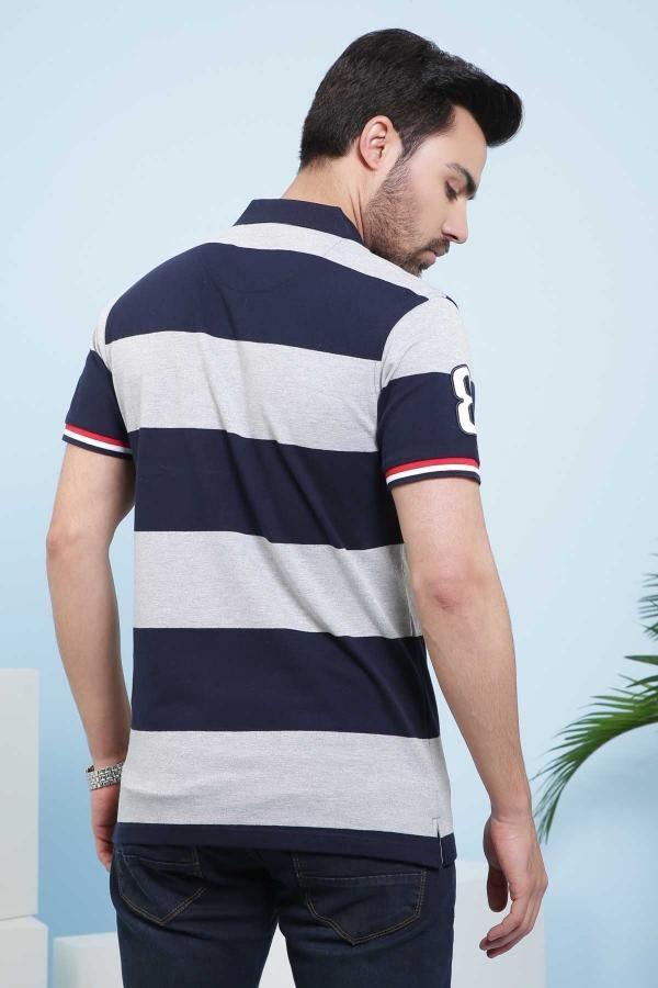 Navy and gray striped polo shirt with short sleeves, side/back view