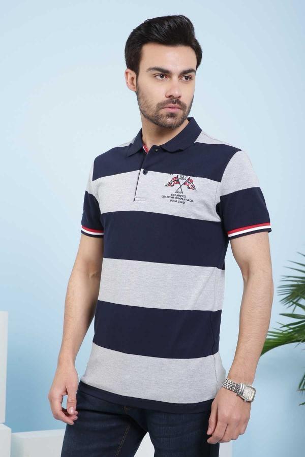 Navy and gray striped polo shirt with red-trim collar and button placket