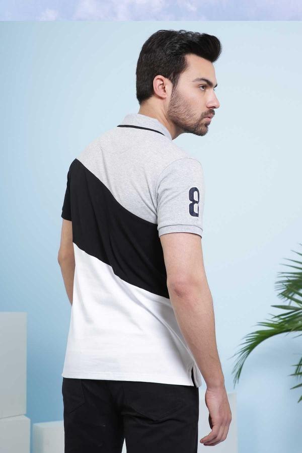 Color-block polo shirt back with black diagonal panel, heather gray top, sleeve 8