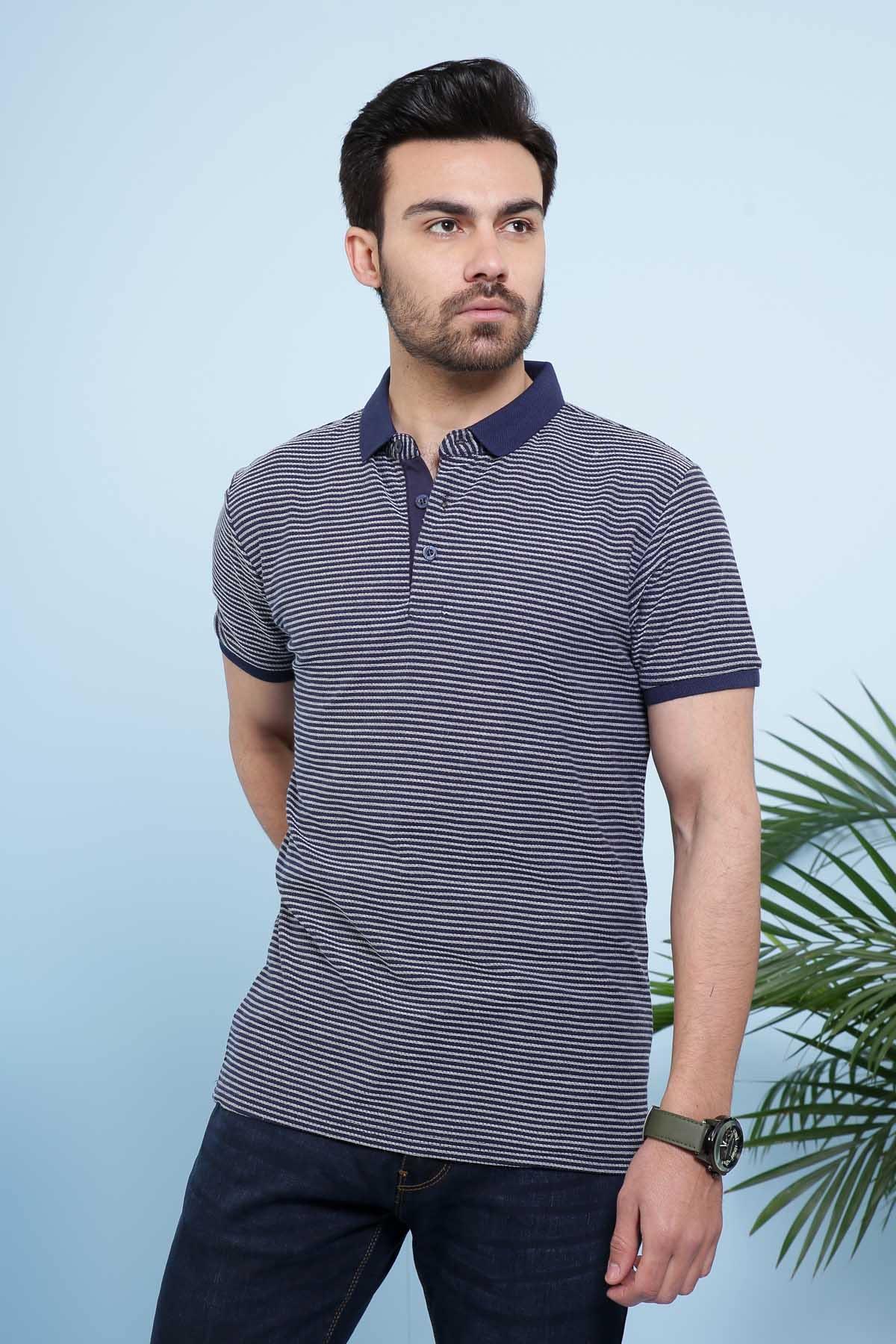 Navy-and-white striped polo T-shirt with button placket and short sleeves