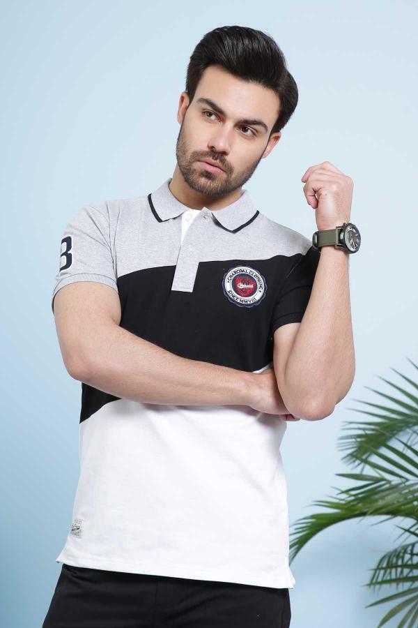 Color-block polo shirt with black chest panel, white base, heather gray sleeves