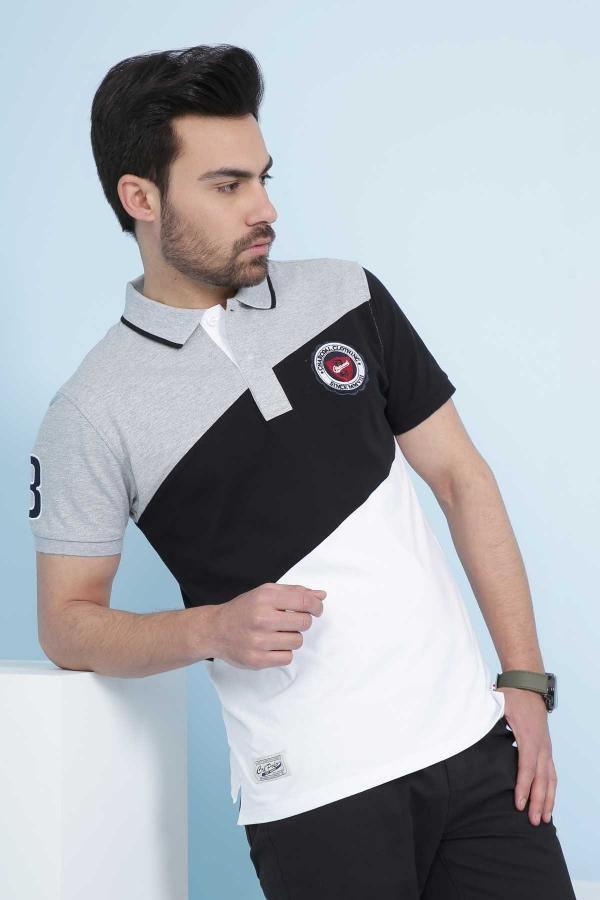 Color-block polo shirt with black-and-white diagonal panel, heather gray collar and sleeves