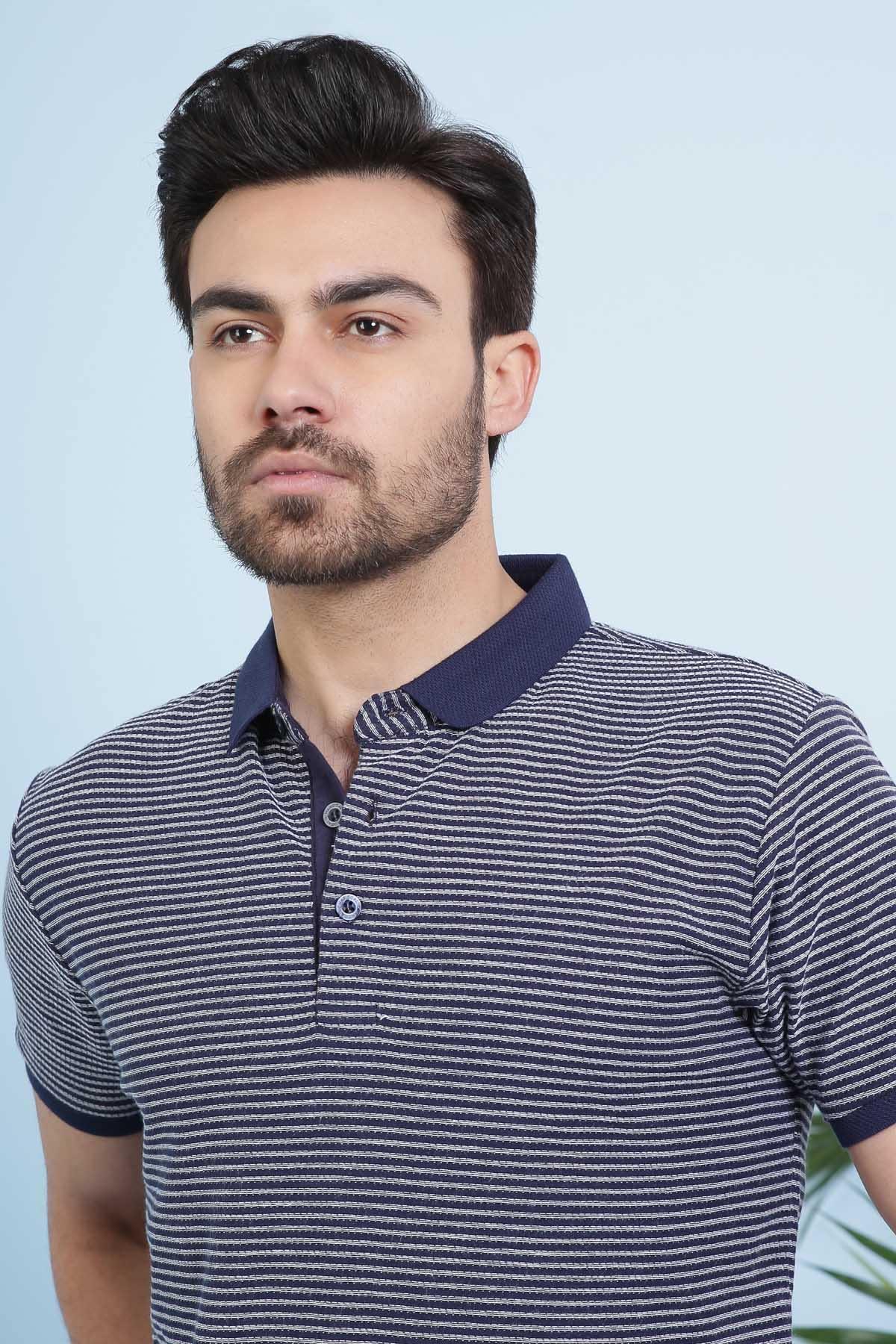 Navy-and-white striped polo T-shirt with collar, buttons, and short sleeves