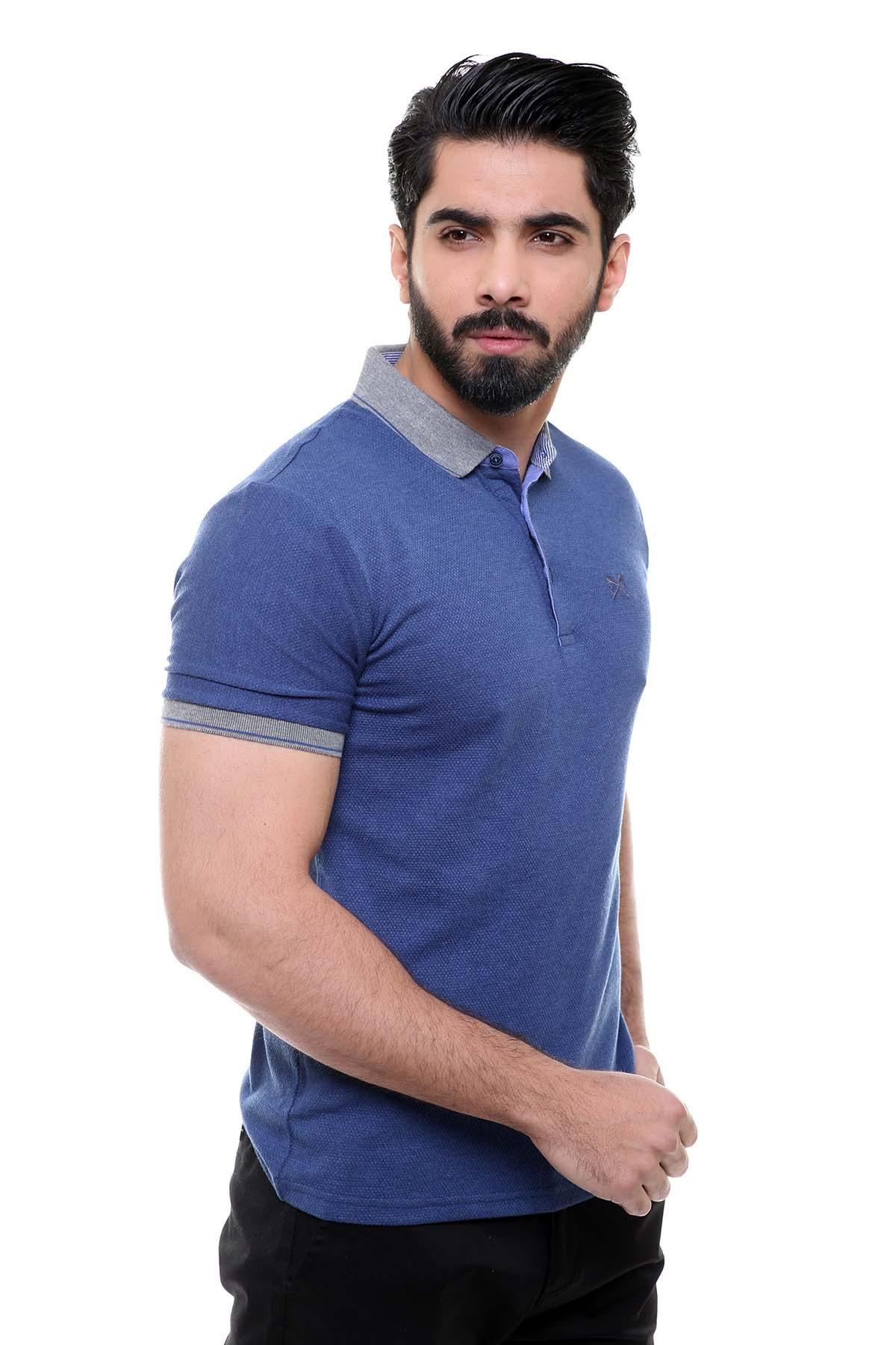 Navy polo T-shirt with collar and button placket, short sleeves, side view
