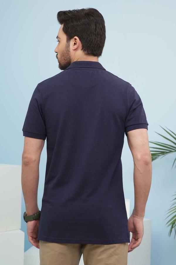 Navy polo shirt, back view with short sleeves and collar