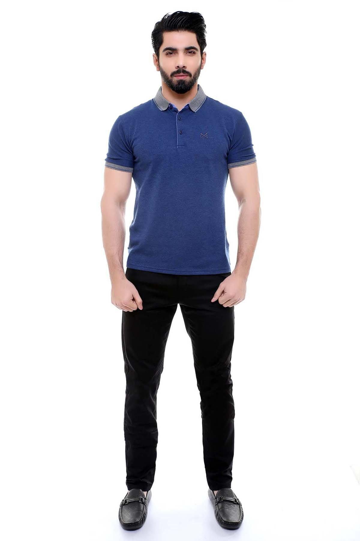 Navy polo T-shirt with short sleeves and button placket, on-model front view