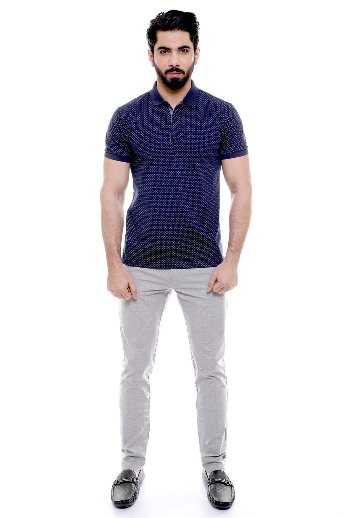Men's navy polo T-shirt with short sleeves, button placket, allover micro pattern