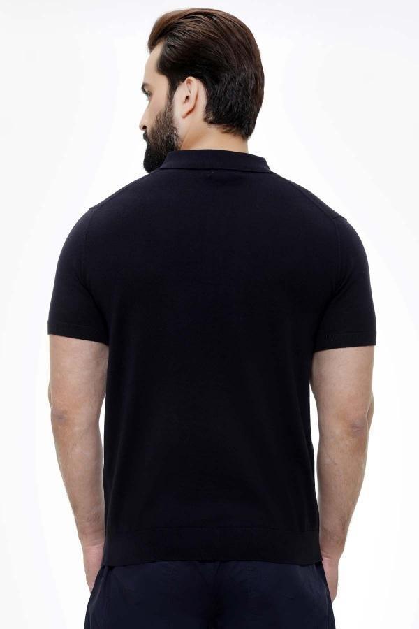 Navy polo shirt back view with short sleeves and solid knit