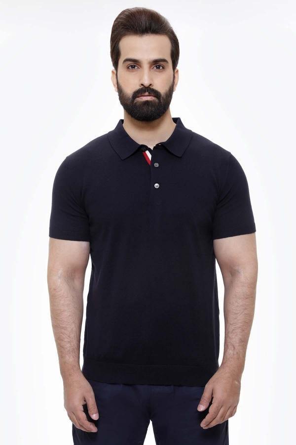 Navy polo shirt with short sleeves, button placket, and ribbed collar