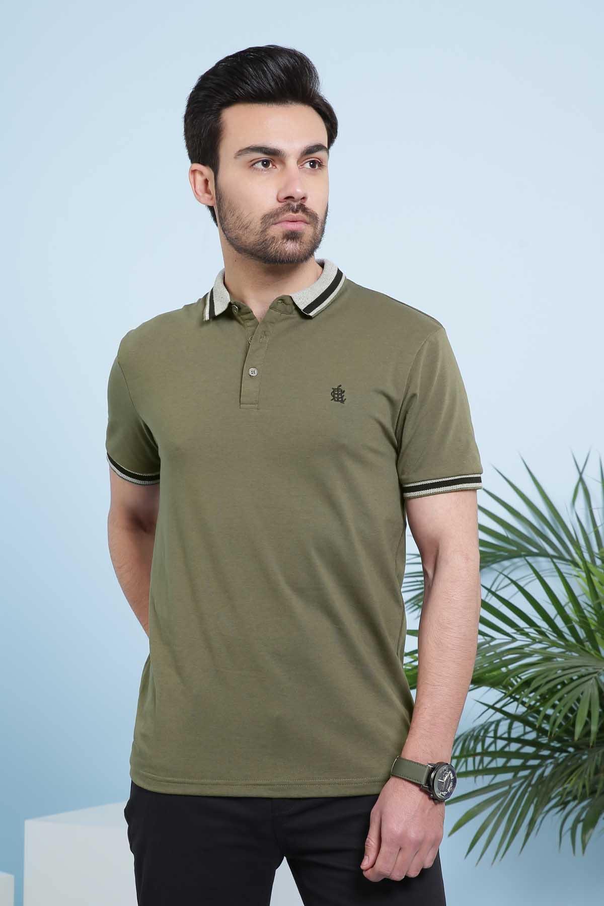Olive polo shirt with ribbed collar, button placket, and short sleeves, small chest logo