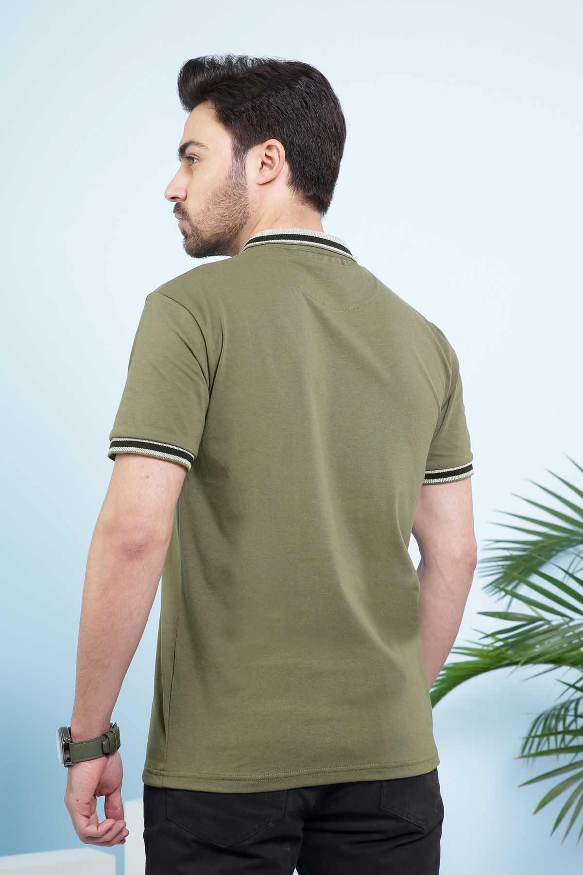 Olive polo shirt side view with ribbed collar, button placket, short sleeves