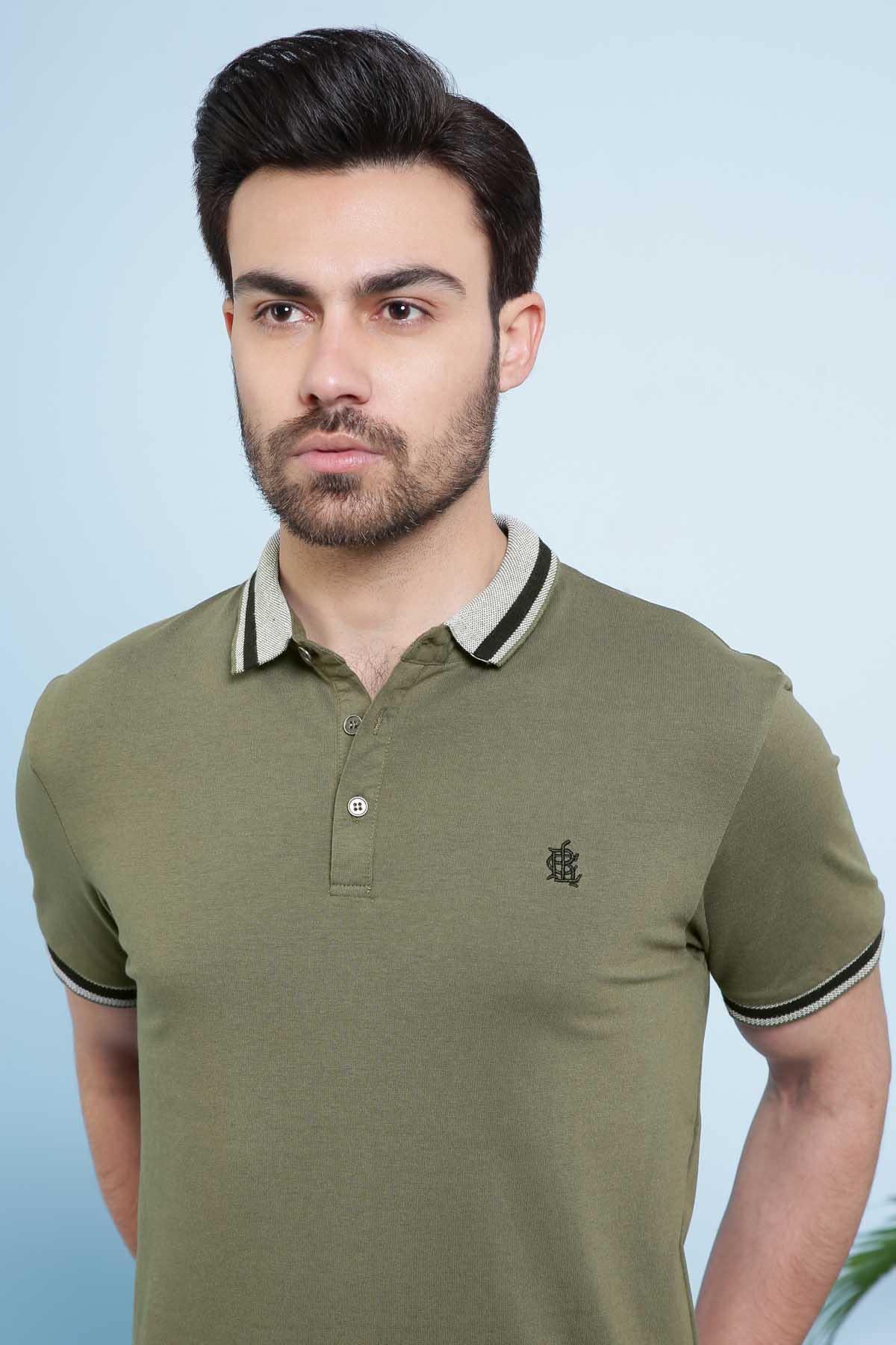Olive polo shirt with ribbed collar and button placket, short sleeves, small chest emblem