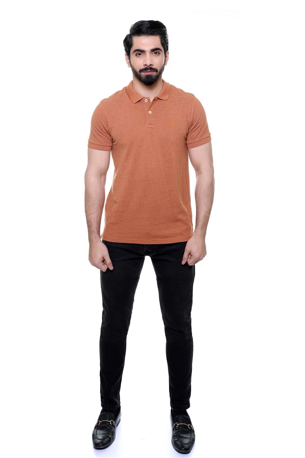 Rust polo shirt with short sleeves, button placket, and collar