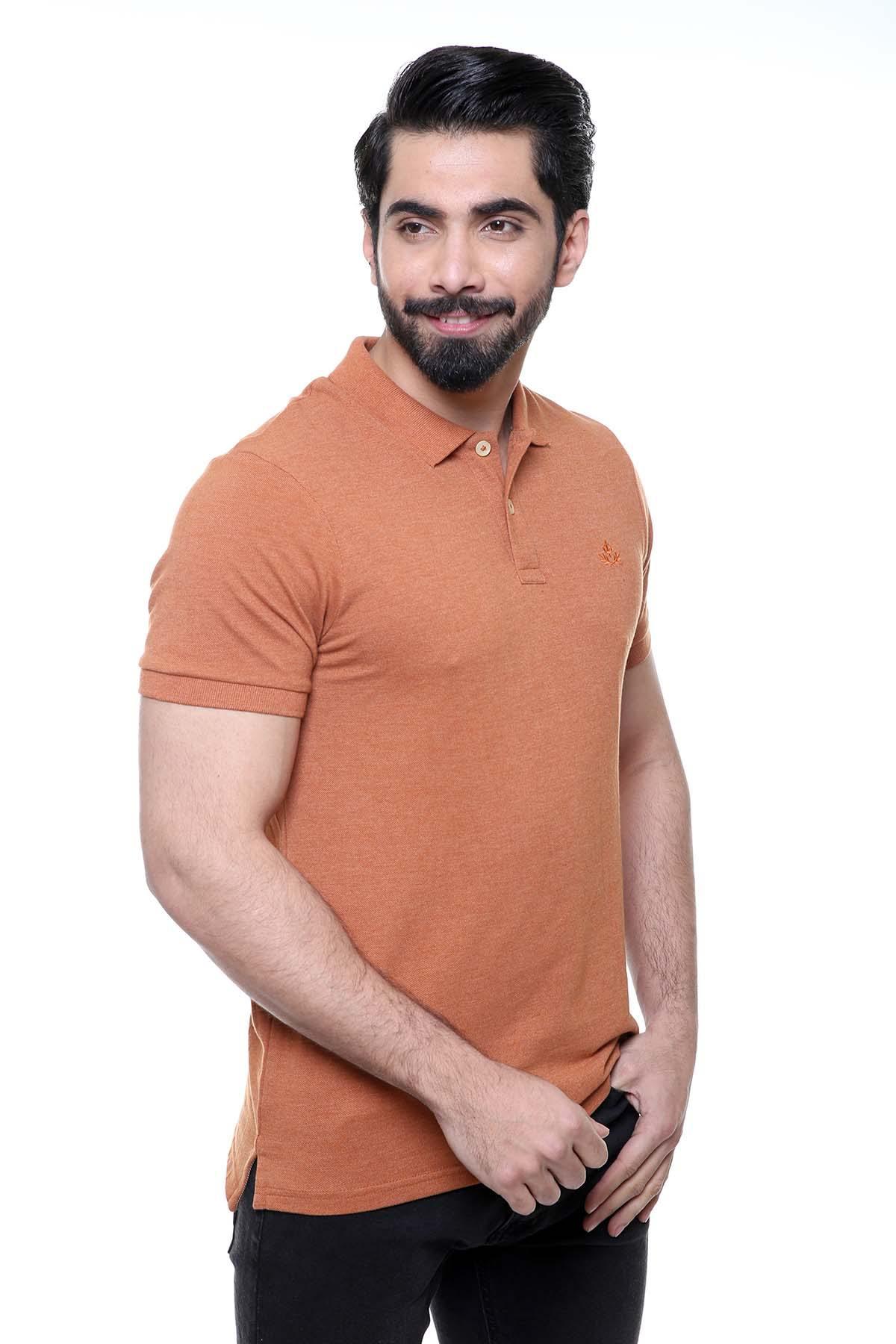 Rust polo shirt with collar and short sleeves, small chest logo