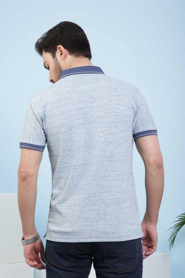 Back view polo shirt in light heather gray with sky-blue trim at sleeve cuffs