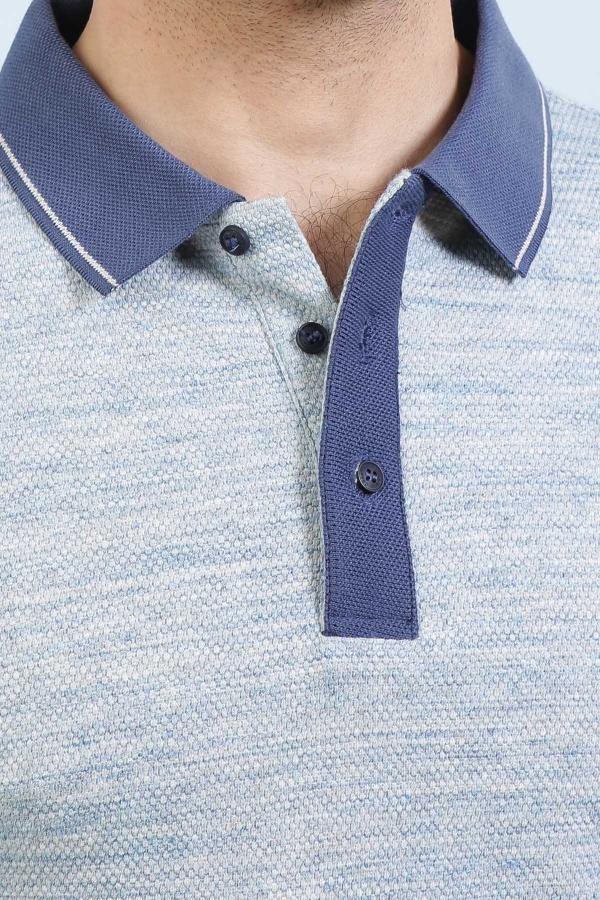 Polo collar close-up with two-tone design and button placket, heather gray and blue