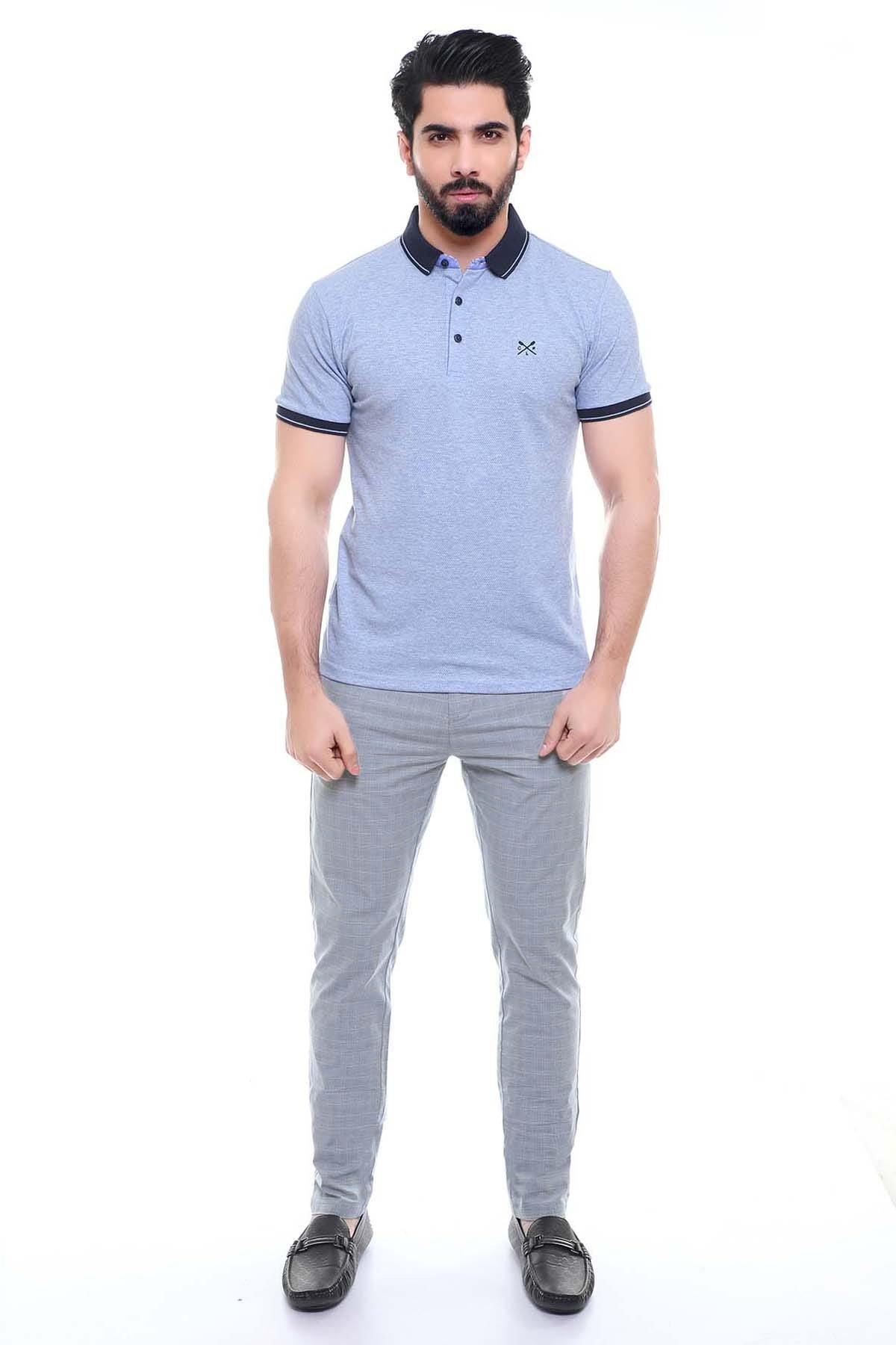 Sky blue polo T-shirt with button placket, short sleeves, and chest logo
