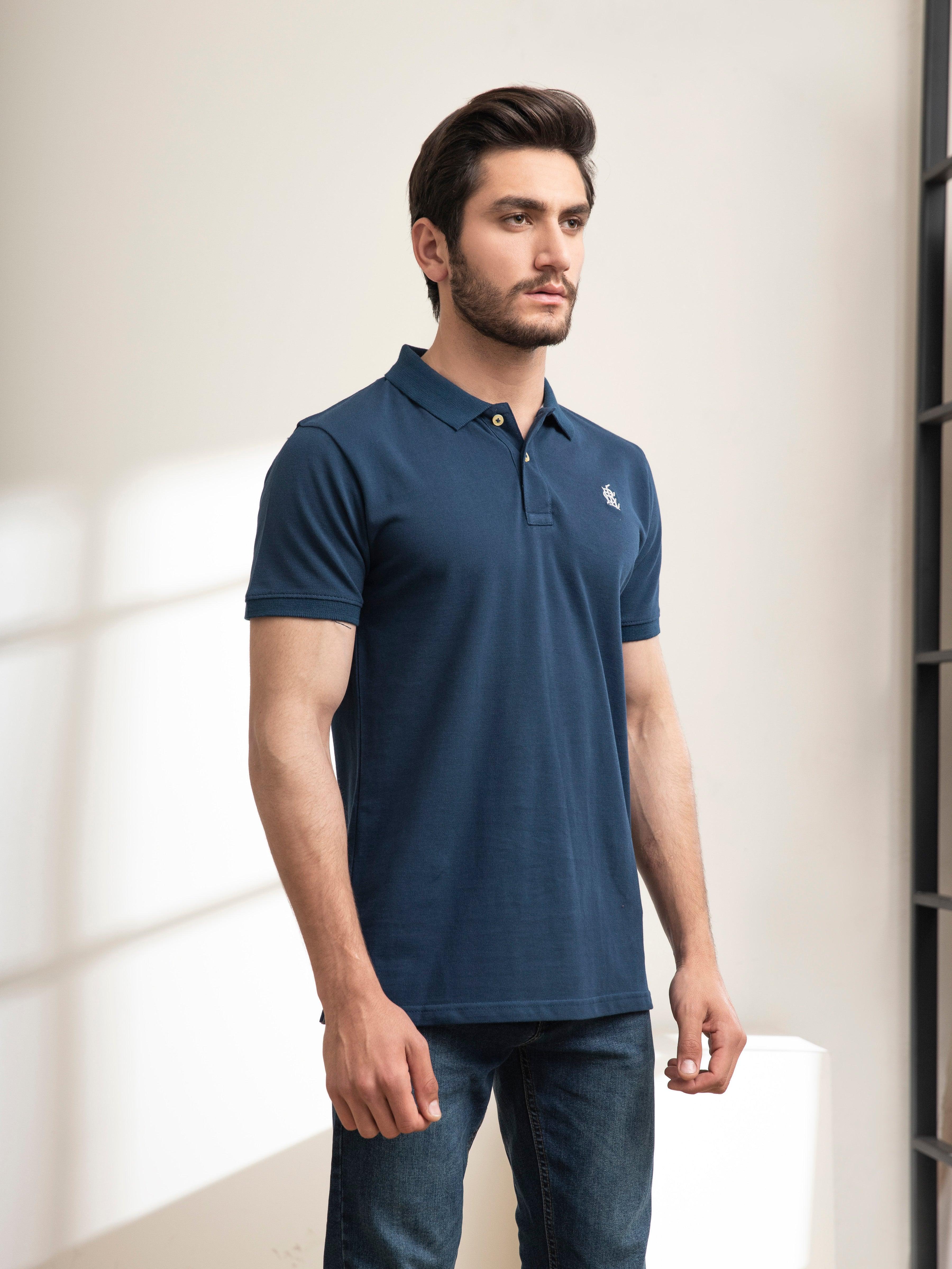 Teal polo T-shirt with short sleeves, button placket, and chest logo
