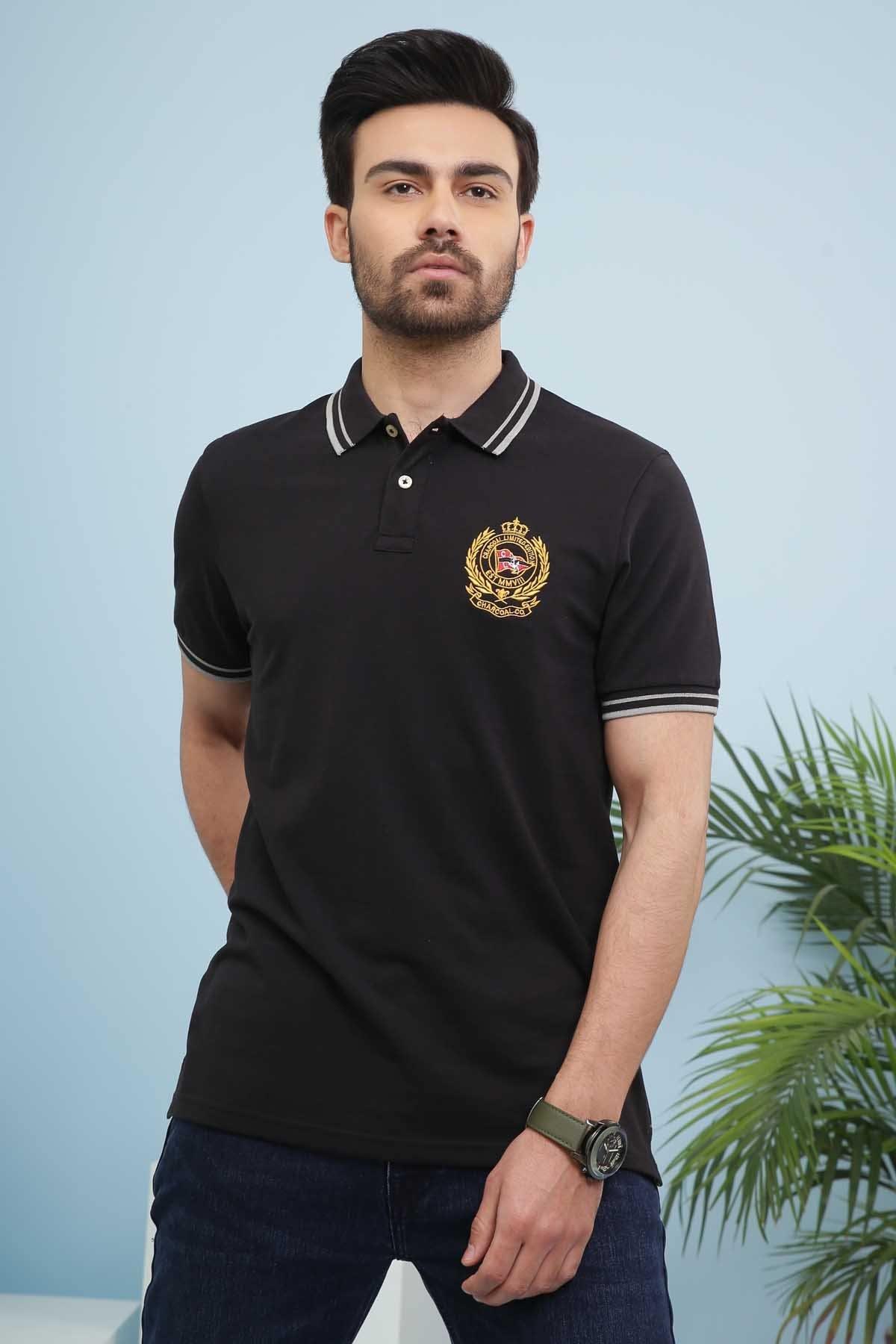 Black polo shirt with white striped collar and sleeve cuffs, front crest logo